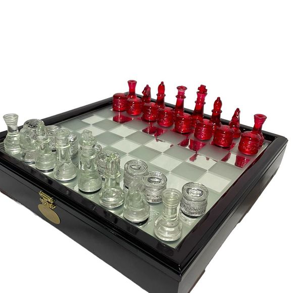 In N Out Burger Glass Chess Set With Wooden Case Complete Set Rare